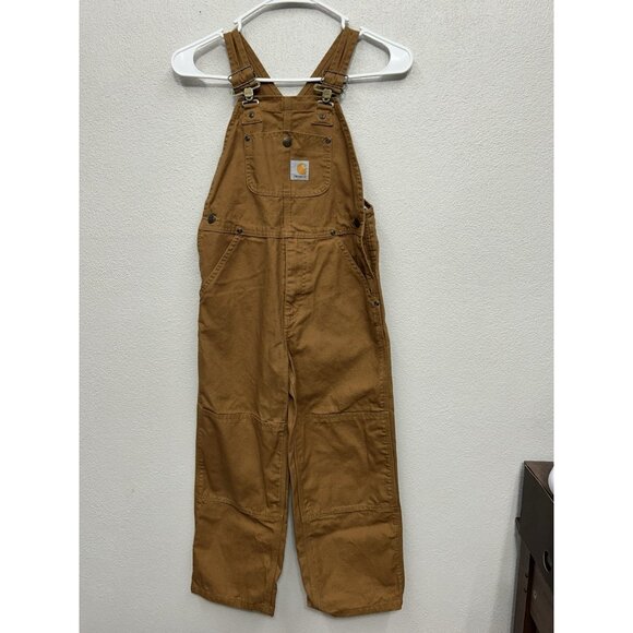 Carhartt Canvas Bib Overalls Brown Youth Size Double Knee Relaxed Fit Work Farm - Picture 1 of 9